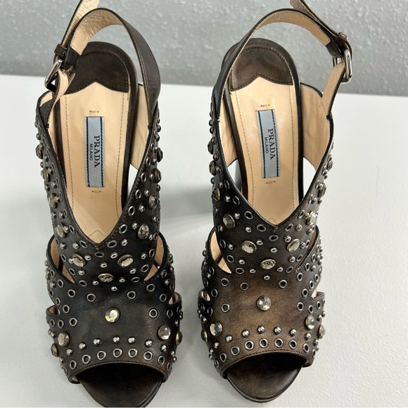 Prada Leather Studded Strappy Chocolate Block Heel Sandal Size 38.5 (US 8) - Picture 5 of 12